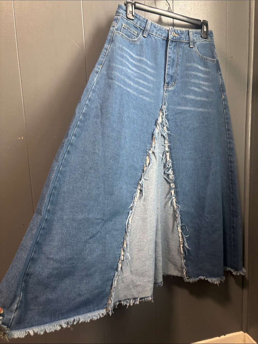 Denim A-Line Maxi Skirt with Frayed Front Slit - Blue 28” waist - Picture 5 of 9